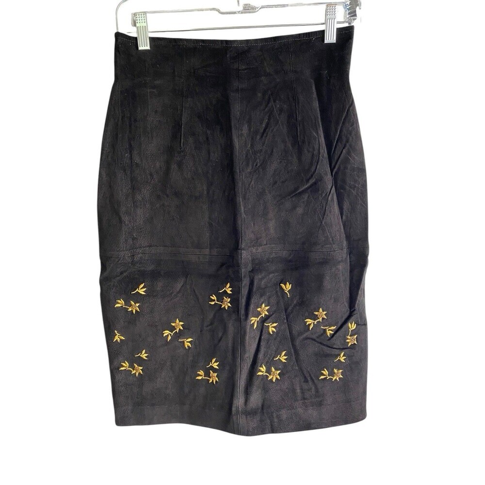 Vintage Pia Rucci Suede Leather Skirt Women's Size 10 Black Embroidered Beaded